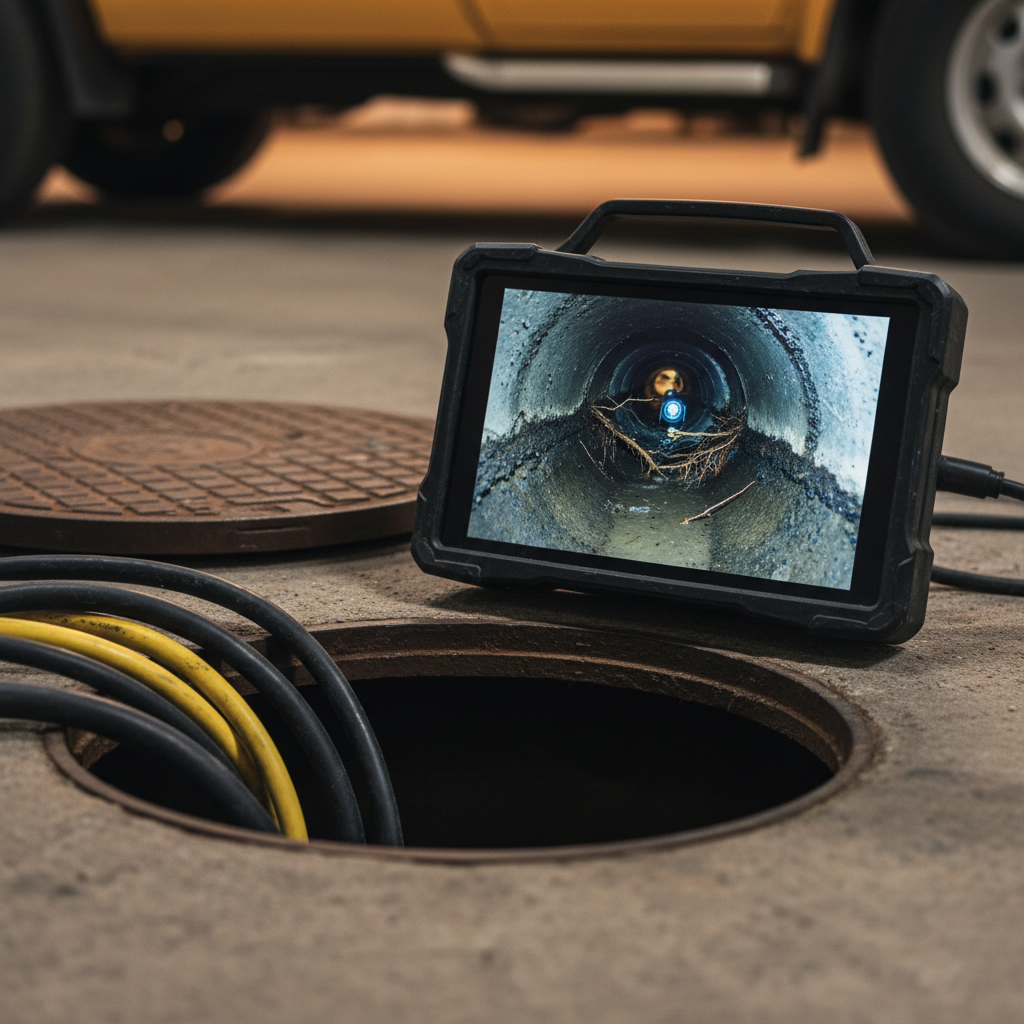 Monitor van een rioolcamera inspectie door ontstoppingsbedrijf