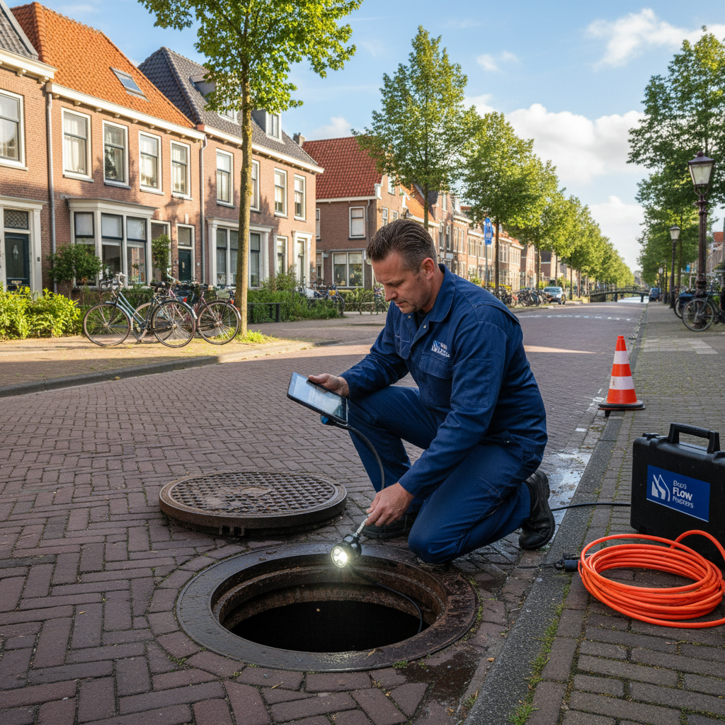 Specialist van ontstoppingsbedrijf Hoofddorp en omgeving inspecteert een riool.