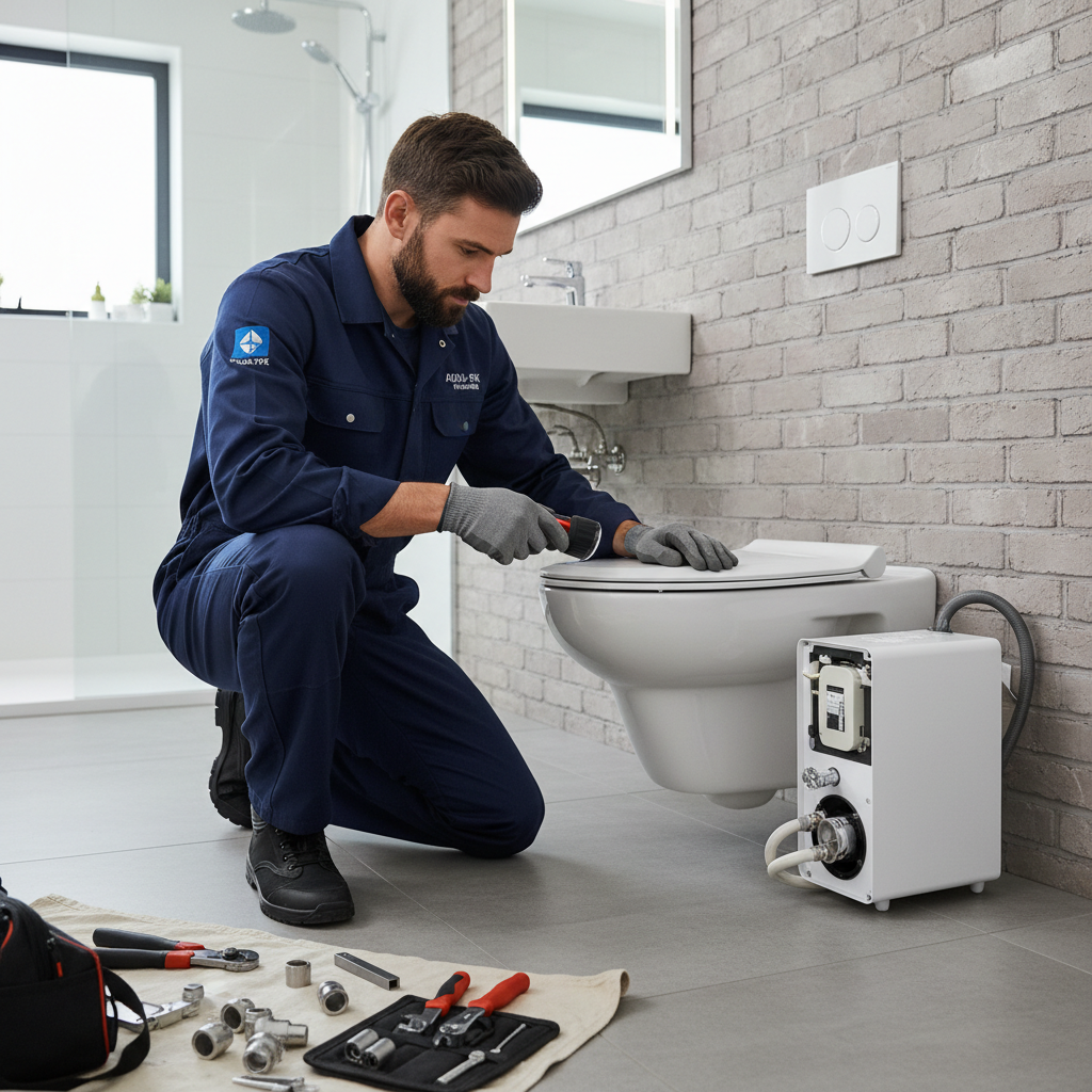 Monteur inspecteert een geïnstalleerde vermaler achter een modern toilet in Hoofddorp