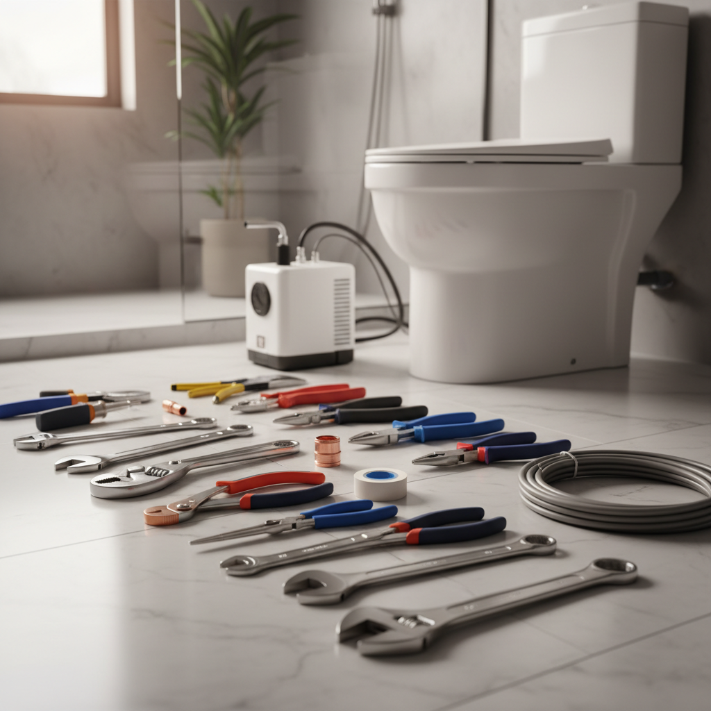 Loodgieter gereedschap naast een broyeurtoilet dat wordt gerepareerd.