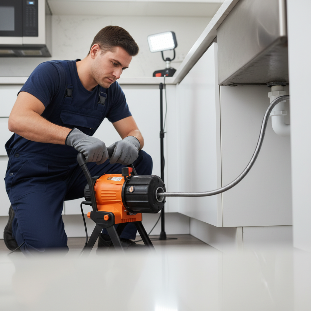 Loodgieter uit Hoofddorp bezig met het mechanisch ontstoppen van een gootsteen in een keuken.