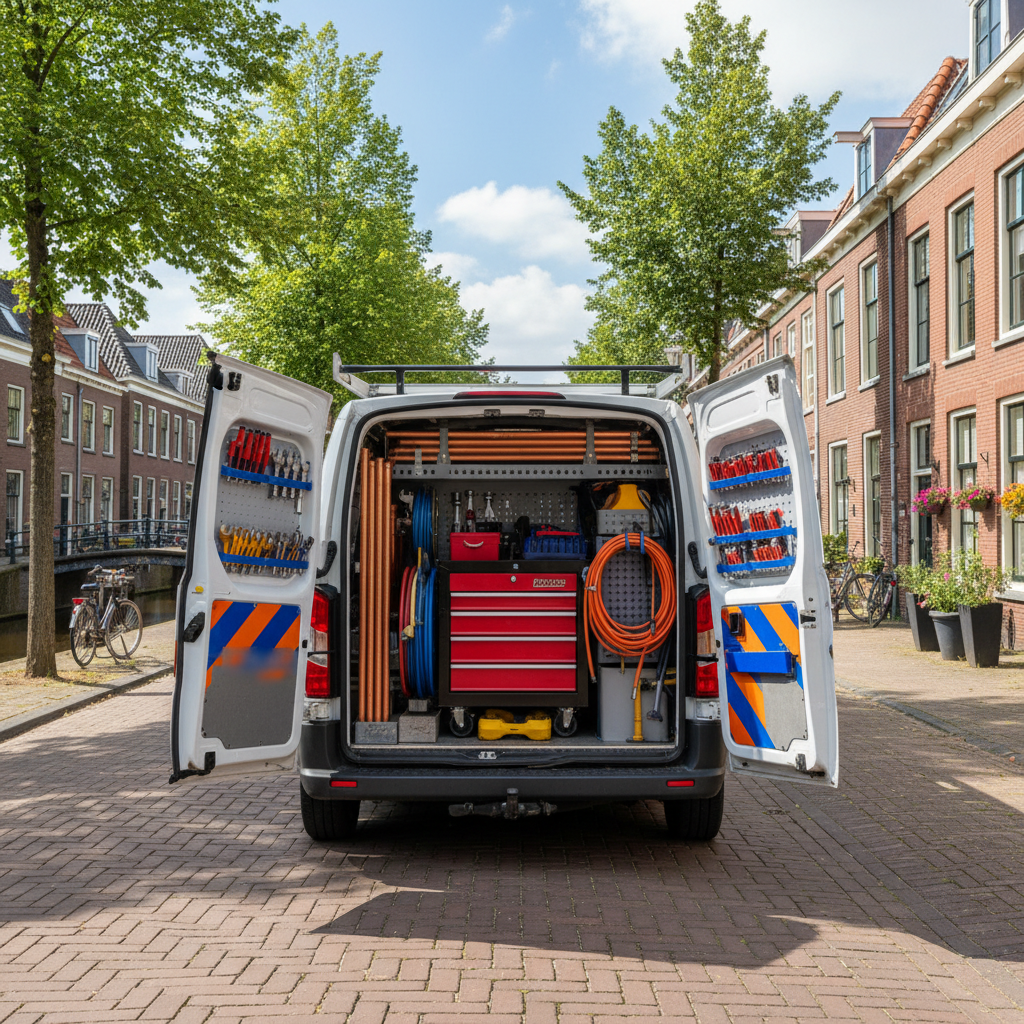 Bedrijfswagen van de ontstoppingsdienst regio Hoofddorp geparkeerd voor een woning.