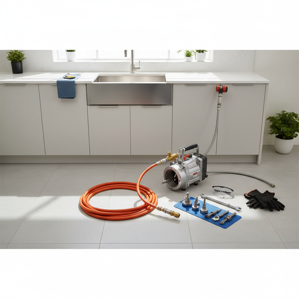 Gespecialiseerde apparatuur voor het ontstoppen van afvoeren in een keuken