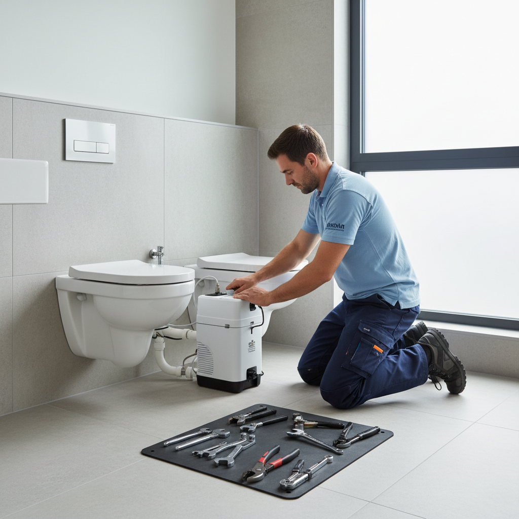Een monteur installeert een Sanibroyeur in een moderne badkamer in Hoofddorp.